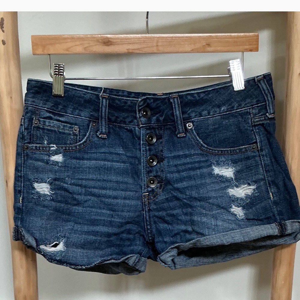 Abercrombie &‎ Fitch Distressed Denim Shorts Dark Wash Button Fly Low Rise Sz 27